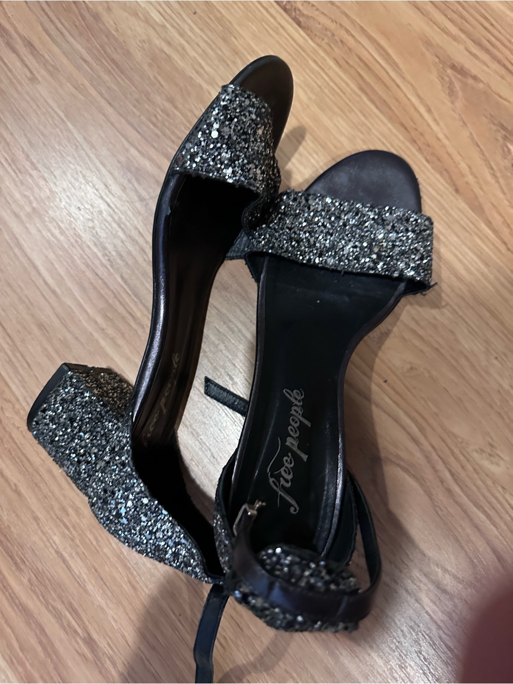 Free People Black Silver Glitter Block Heel Sandals